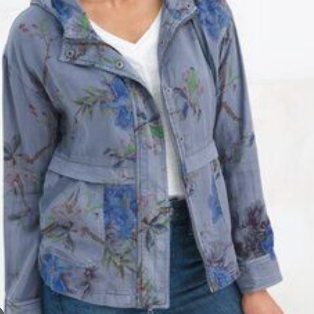 Chicos Blue Blossom Print Hooded Lightweight Full Zip Up Jacket